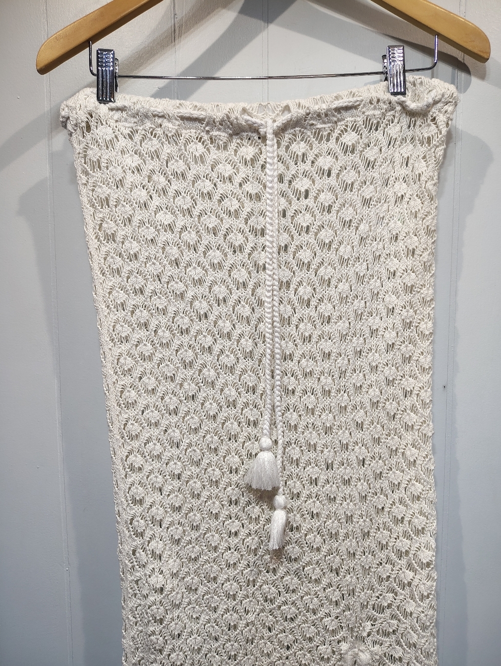 Aerie White Crochet Maxi Skirt Boho Beach Cover Up Drawstring Slit Size L Cotton - Picture 2 of 8